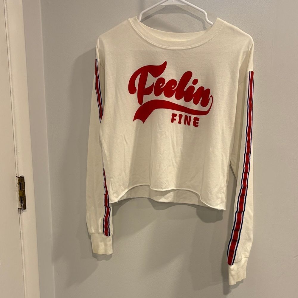 Fifth Sun White and Red Long Sleeve Stripe Ribbed Detail, Cropped Tee